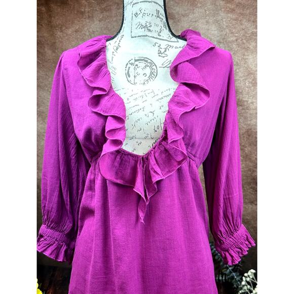 Free People Ruffled Collar 3/4 Sleeves Deep V Front Morning Light Mini Dress XS - Picture 3 of 13